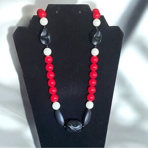 PAULINE RADER Vintage Necklace Red White Black Bead Lucite Resin Signed •Rare•